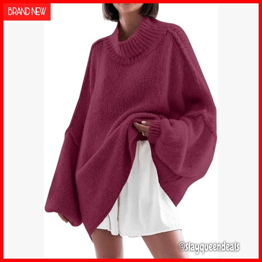 Oversized Mock Neck Batwing Sleeve Ribbed Knit Tunic Sweater
